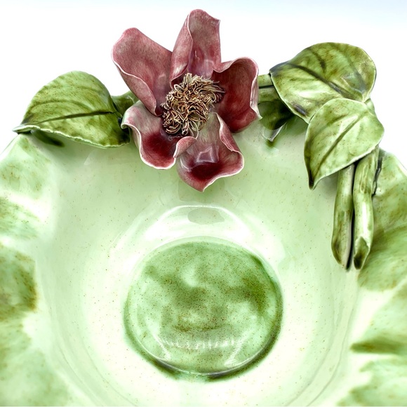 Vintage Majolica Pottery Bowl 8” Green Leaves Pink Capodimonte Raised Flower - Picture 6 of 16